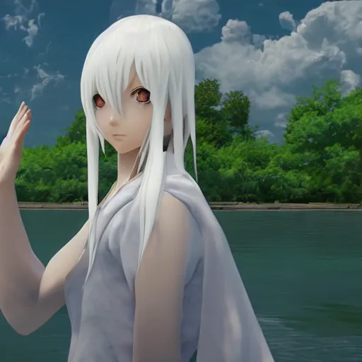 Prompt: a long white haired anime character holding out his hand in front of a body of water, a screenshot by michelangelo, deviantart contest winner, vanitas, official art, unreal engine 5, unreal engine. tetsuya nomura. ray tracing hdr. 8 k. uhd. sharp focus. highly detailed. masterpiece. anime render. cinematic lighting. lifelike.