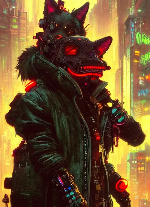 Image similar to anthropomorphic coyote character wearing black cyberpunk skater clothes with neon highlights in a cyberpunk city. Renowned character illustration by greg rutkowski, thomas kindkade, alphonse mucha, loish, norman rockwell. Trending on artstation 4k. Highly detailed. Digital art.