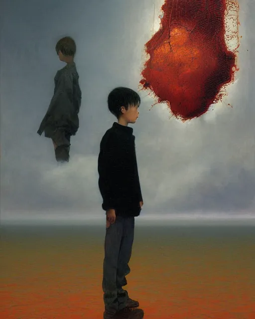 Prompt: 8k professional photo of an 8 years old boy standing in front of a computer from 90s monitor screen, Beksinski impasto painting, part by Adrian Ghenie and Gerhard Richter. art by Takato Yamamoto, masterpiece by Francis Bacon