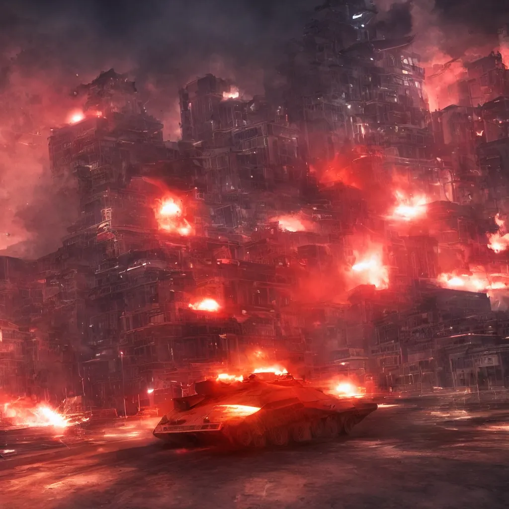 Prompt: a single futuristic tank shooting at the building, red fiery explosions, detailed, movie scene, cinematic lights, 3 d photorealistic