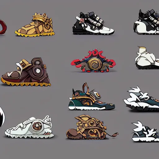 Image similar to fantasy anime jrpg sneaker design designed by studio ghibli, chrono trigger guilty gear style, aztec mayan street fashion native punk sneaker design, hip hop sneaker design with subtle mayan patterns, gapmoe yandere grimdark, trending on pixiv fanbox, painted by greg rutkowski makoto shinkai takashi takeuchi studio ghibli, akihiko yoshida