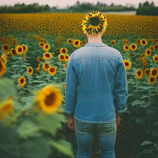Prompt: kodak portra 4 0 0 photograph of a skinny blonde guy standing in field of sunflowers, back view, flower crown, moody lighting, telephoto, 9 0 s vibe, blurry background, vaporwave colors, faded!,