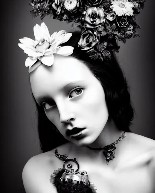 Image similar to a black and white high quality dreamy photo of a young beautiful female queen-pale dragon-vegetal-many big steampunk flowers-cyborg bust with a very long neck, elegant, highly detailed, poetic, soft, dreamy, mysterious, high fashion, in the style of Diane Arbus, Realistic, Refined, Digital Art, Highly Detailed, Cinematic Lighting, rim light, black and white, photo-realistic, 8K