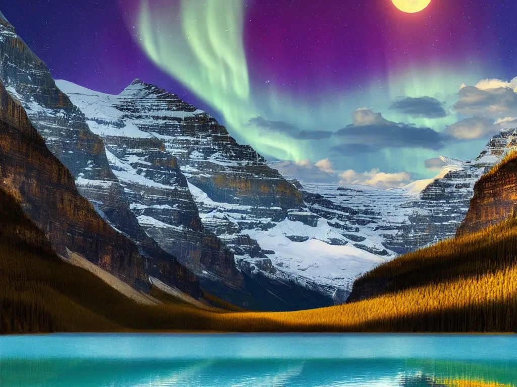 Prompt: a matte painting of Lake Louise in fall, moonlight, northern lights, highly detailed, artstation, HD wallpaper