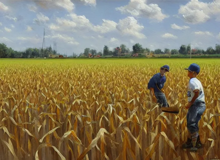 Image similar to a baseball game in a field of corn, oil painting by jama jurabaev, extremely detailed, brush hard, artstation, for aaa game, high quality, brush stroke