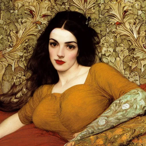 Image similar to portrait reclining on bed, hybrid of judy garland and camilla belle, aged 2 5, brown fringe, wide shot, yellow ochre ornate medieval dress, john william waterhouse, kilian eng, rosetti, john everett millais, william holman hunt, william morris, 4 k