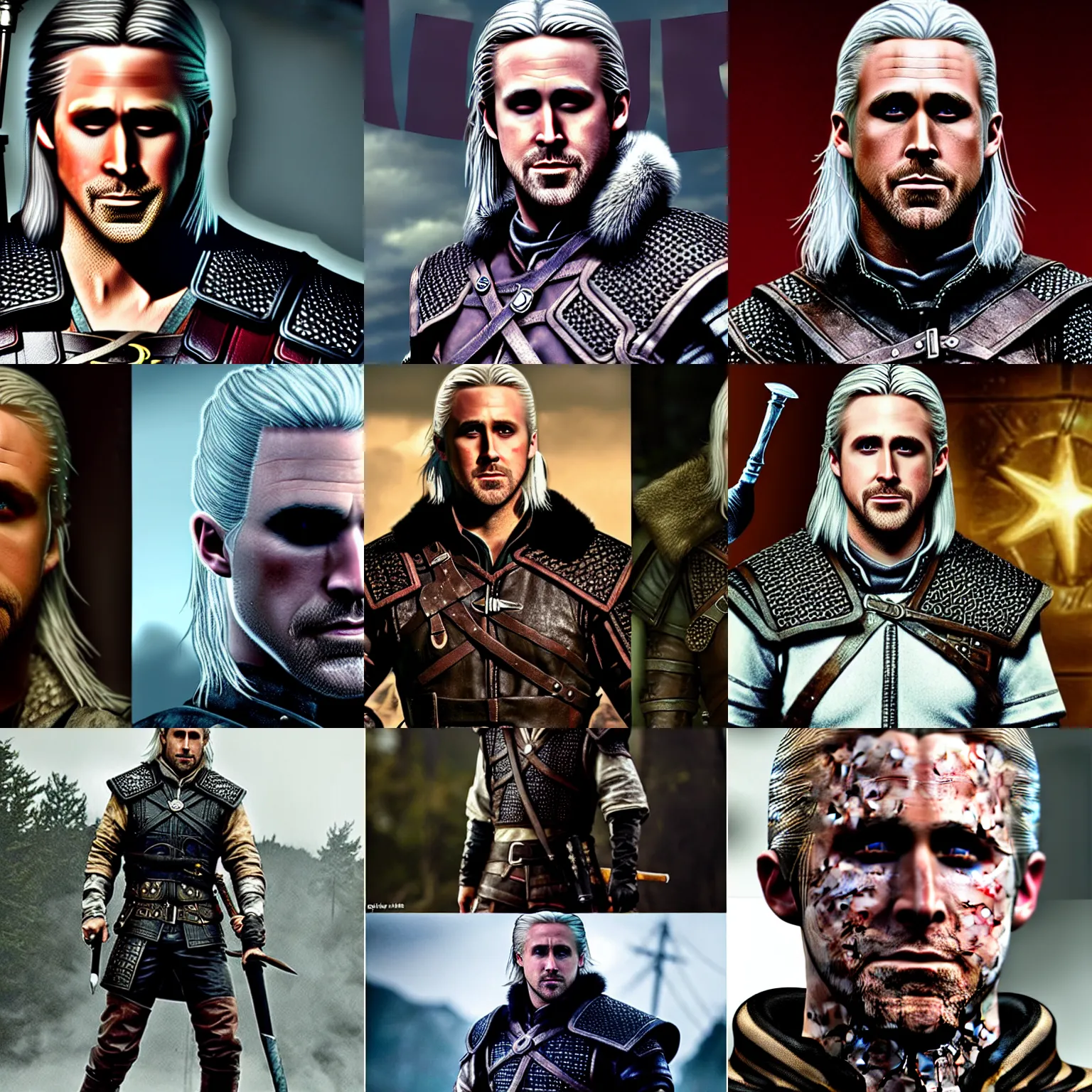 Prompt: ryan gosling as geralt of rivia, photorealistic cosplay