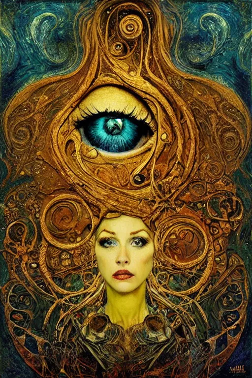 Prompt: The Lost Souvenir by Karol Bak, Jean Deville, Gustav Klimt, and Vincent Van Gogh, mystic eye, otherworldly, vintage well-worn postcard, scenic landscape, fractal structures, arcane, inferno, inscribed runes, infernal relics, ornate gilded medieval icon, third eye, spirals, rich deep moody colors