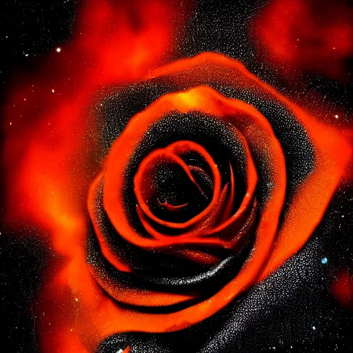 Prompt: award - winning macro of a beautiful black rose made of molten magma and nebulae on black background by harold davis, georgia o'keeffe and harold feinstein, highly detailed, hyper - realistic, inner glow, petals made of star clusters, trending on deviantart, artstation and flickr, nasa space photography, national geographic