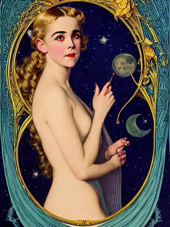 Image similar to kiernan shipka as the magic goddess Of the moon and witchcraft and satanism, a beautiful art nouveau portrait by Gil elvgren, moonlit New England forest environment, centered composition, defined features, golden ratio, intricate gold jewlery and black lace