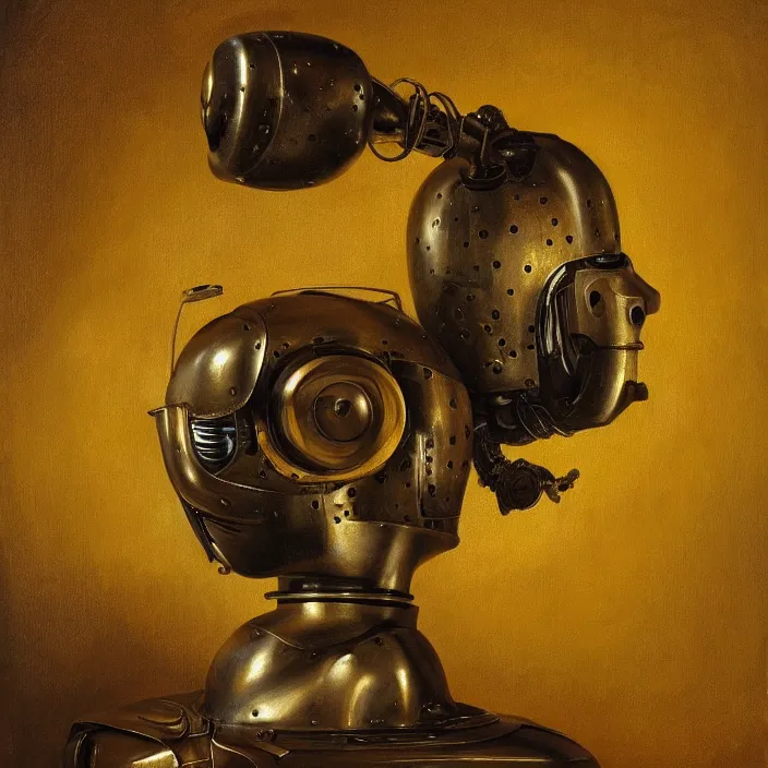 Image similar to still life painting of a robot head by pieter claesz, oil on canvas, strong lighting, highly detailed, hyper realism, golden hour, god rays, hd, 4 k