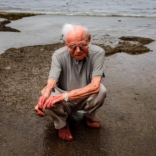 Image similar to elderly man + crab hybrid, canon eos r 3, f / 1. 4, iso 2 0 0, 1 / 1 6 0 s, 8 k, raw, unedited, symmetrical balance, wide angle