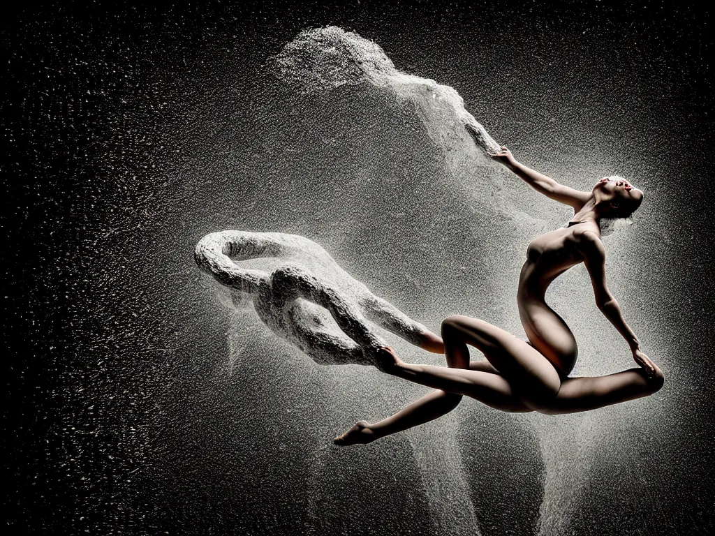 Prompt: a perfect photograph of an exploding woman made of undulating granite. she is erupting, floating, contorted and tied in a knot. perfect focus, studio lighting, geysers monrovia