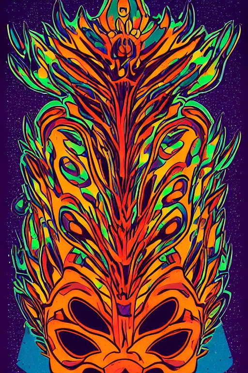 Image similar to animal mask totem roots flower tribal feather gemstone plant wood rock shaman vodoo video game vector cutout illustration vivid multicolor borderlands comics by josan gonzales and dan mumford radiating a glowing aura