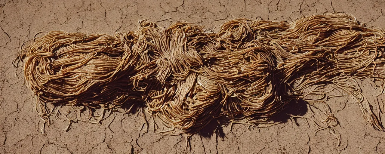 Prompt: a rotting animal carcass next to spaghetti, on the hot pavement in the desert, canon 5 0 mm, high detail, intricate, sunny, cinematic lighting, photography, wes anderson, film, kodachrome