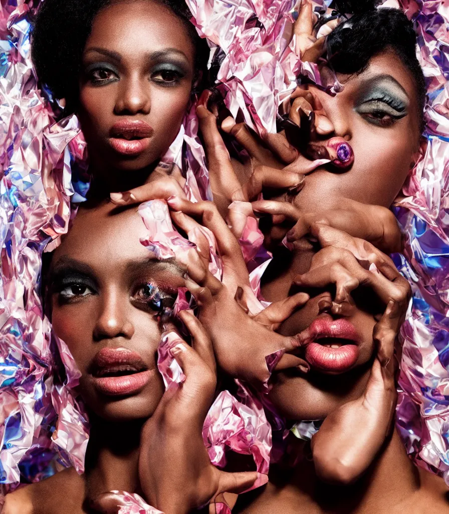 Prompt: fashion portrait, face, black model, studio photography by David LaChapelle, looking at camera, high contrast, photorealism