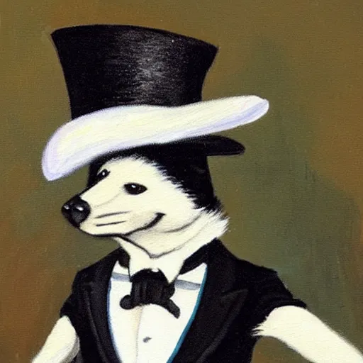 Image similar to a painting of pepe le pew in a tuxedo and a top hat
