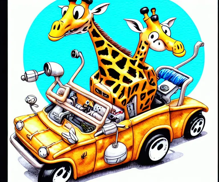 Prompt: cute and funny, giraffe wearing a helmet riding in a tiny hot rod with oversized engine, ratfink style by ed roth, centered award winning watercolor pen illustration, isometric illustration by chihiro iwasaki, edited by range murata, tiny details by artgerm and watercolor girl, symmetrically isometrically centered, focused