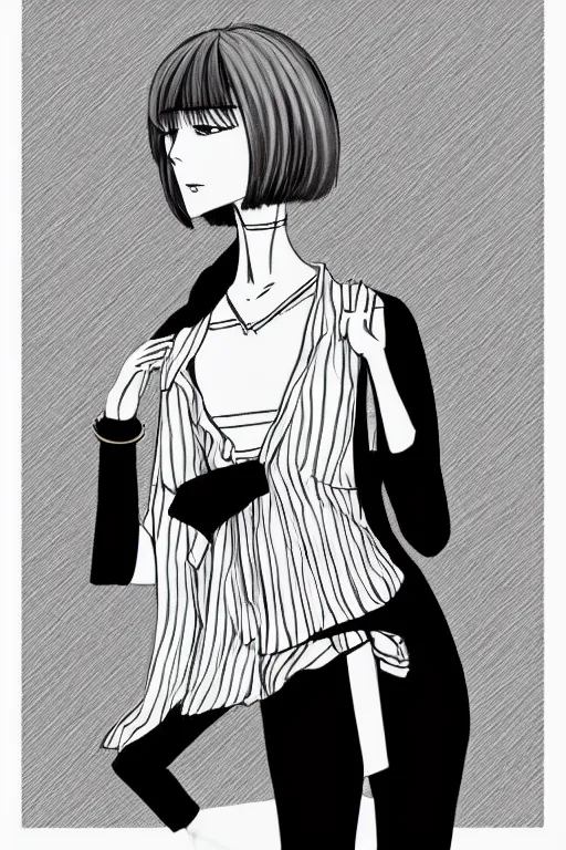 Image similar to portrait of a girl in long pants and a top, hands in pockets, eyes closed, bob haircut, digital art, black and white, lineart by junji ito and kaoru mori