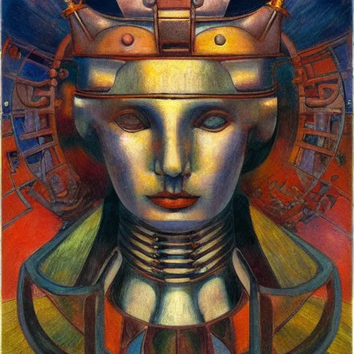 Image similar to the robot crown, by Annie Swynnerton and Diego Rivera, symbolist, dramatic lighting, elaborate geometric ornament, Art Brut ,god rays, soft cool colors,smooth, sharp focus, extremely detailed, Adolf Wölfli