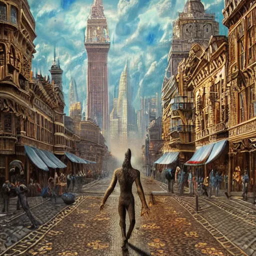 Image similar to reptilian beast walks through the center of a city, extremely detailed oil painting, 1 9 2 0's colored pencil, highly detailed, highly accurate, deep aesthetic, 8 k, highly ornate intricate details, cinematic lighting, rich colors, beautiful scenic view, ray tracing, hyperrealistic, photorealistic, cinematic landscape, trending on artstation, concept art,