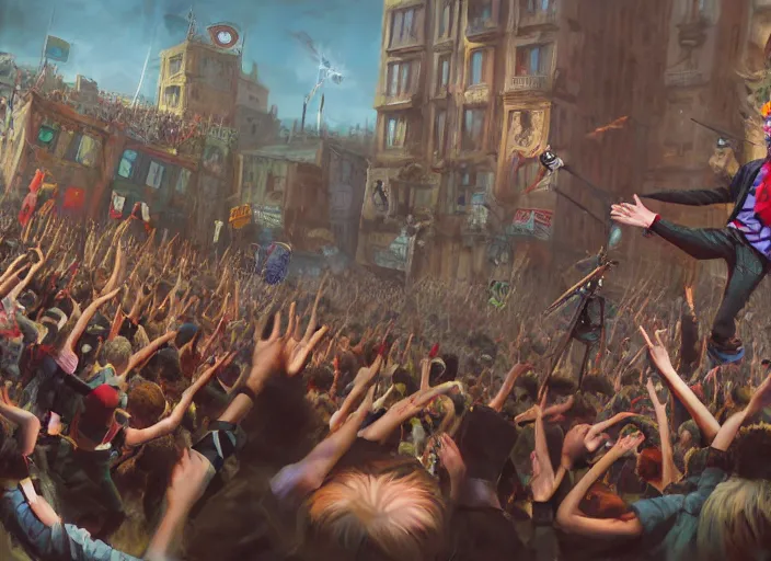 Image similar to 4 punks in school uniform with mohawks stand on stage with guitars and drums and microphones and yell day, foreground fight of ravers and punks, by marc simonetti, tyler edlin, deviantart, ray tracing, octane render, digital art, realistic, high quality, 8 k