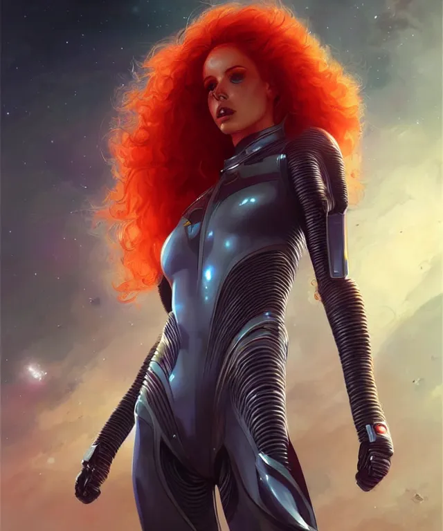 Image similar to futuristic bodycon spacesuit woman portrait, sci-fi, fierce eyes, long red hair, fantasy, intricate, elegant, highly detailed, digital painting, sharp focus, illustration, art by artgerm and greg rutkowski and WLOP