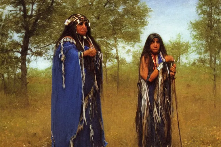 Prompt: shaman priestess on hallowed ground of native american burial ground. 1 8 8 6. medium is oil on wood. by arnold bocklin and herbert james draper. highly detailed. trending on arstation. postprocessing.