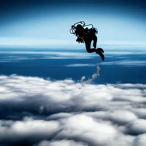 Image similar to a scubadiver flying in the sky above the clouds