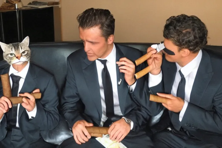 Prompt: cats in suits smoking cigars together