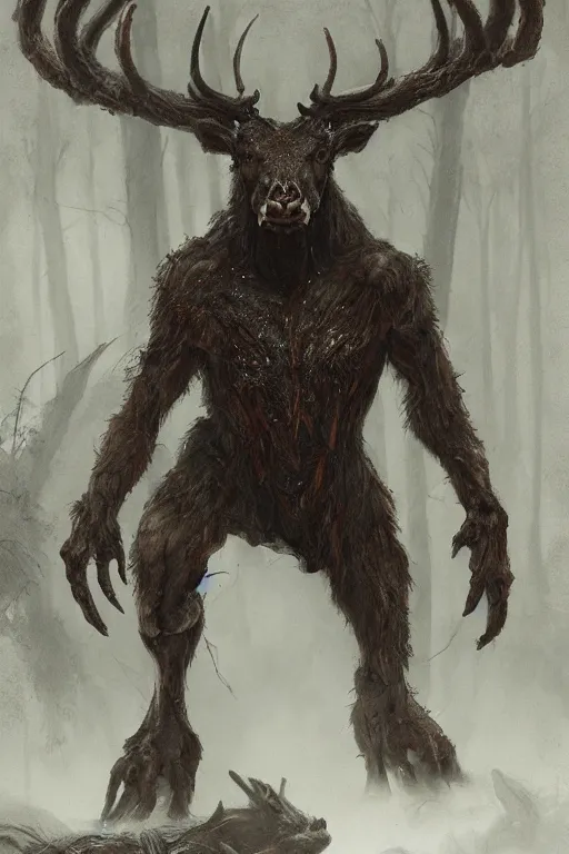 Image similar to anthropomorphic humanoid crouching deer monster in a dark moonlit forest, horror, highly detailed, crouching humanoid, human-like, whole body, by Greg Rutkowski, trending on artstation, 4k