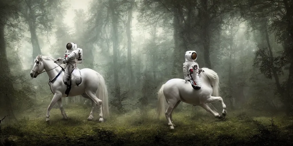 Image similar to a single astronaut riding on the back of a white horse through a forest, a detailed matte painting by frieke janssens, featured on cgsociety, fantasy art, matte painting, reimagined by industrial light and magic, matte drawing