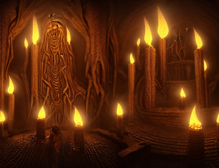 Prompt: a curly group of old sages burning candles, standing leagues taller than the villages below, intricate, ultra detailed, unreal engine, hr giger style, wide - angle lens, sharp focus, illustration, 8 k