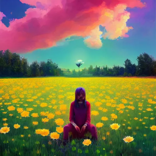 Image similar to giant daisies flower as head, girl sitting in a flower field, surreal photography, sunrise, dramatic light, impressionist painting, colorful clouds, digital painting, artstation, simon stalenhag