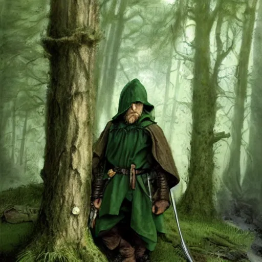 Image similar to a handsome young rugged hobbit ranger and a dark green hood and cloak in the forest, adventure gear, realistic, detailed, masterpiece, short brown hair, clean shaven, by John Howe and Alan Lee, trending on ArtStation