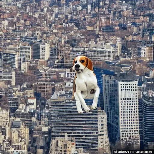 Prompt: gigantic 1 0 0 metres beagle walking over a city, epic scale