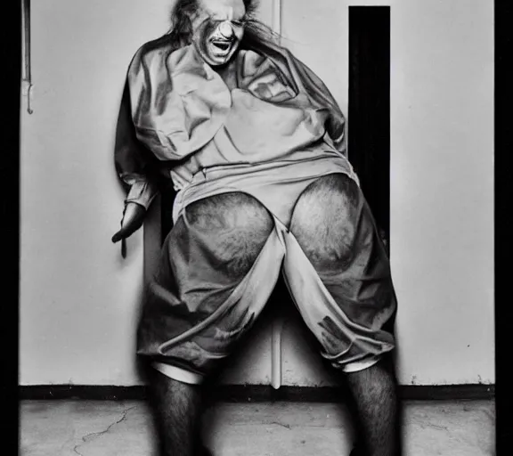 Prompt: Hans Bellmer photo of 'gigachad laughing in prison', dark, high contrast, high exposure photo