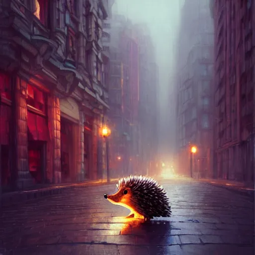 Image similar to photorealistic render of a hedgehog in a city of minsk, by wlop, artgerm, greg rutkowski, alphonse mucha, beautiful dynamic dramatic dark moody lighting, shadows, cinematic atmosphere, artstation, concept design art, octane render, 8 k