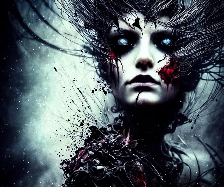 Image similar to stunning otherworldly gothic goddess of freewill, dark and mysterious, atmospheric, ominous, eerie, cinematic, epic, 8 k, ultra detail, ultra realistic, rendered by awesomeness. | nights falling wind is blowwing snow is pilling concept art in style of carne griffiths artwork by xsullo. | backround by elson, peter kemp, peter