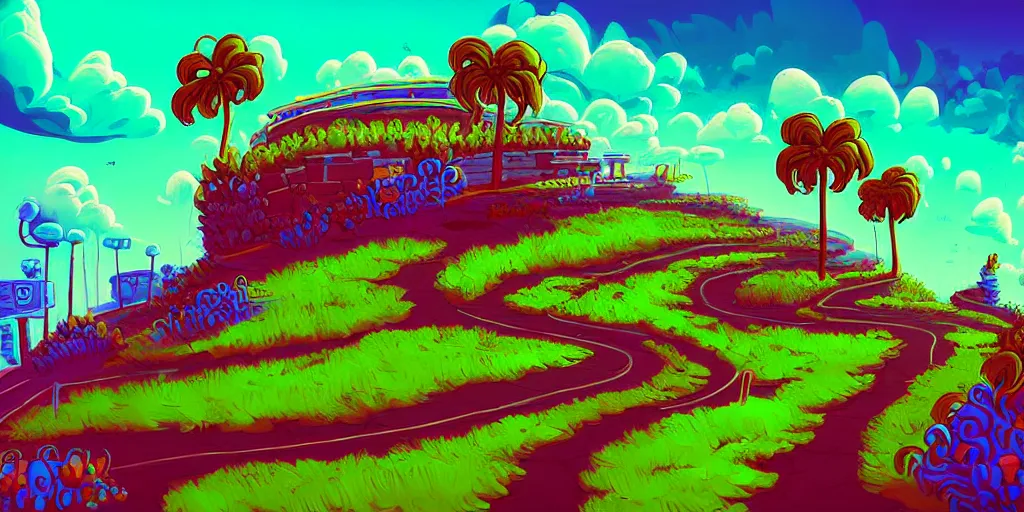 Prompt: curled perspective digital art of curly clouds cobblestone street with wildflowers to a casino in top of a hill with curly palmtrees by anton fadeev from nightmare before christmas