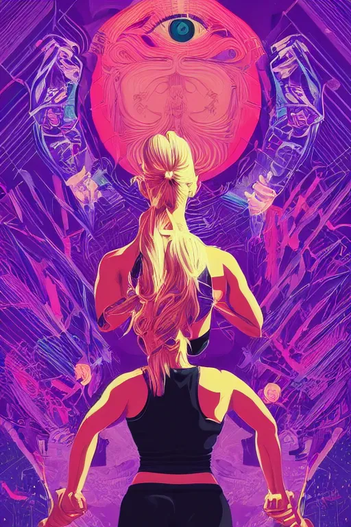 Image similar to a blonde woman mma fighter stands in fighting pose, a shadowy man towers behind her, purple and blue palette, tristan eaton, victo ngai, artgerm, rhads, ross draws