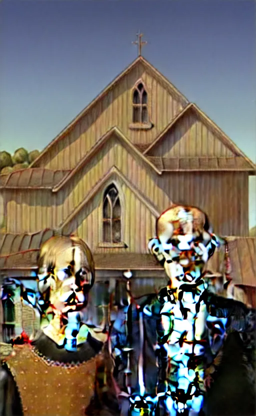 Image similar to American Gothic by Grant Wood in the style of GTA V loading screen