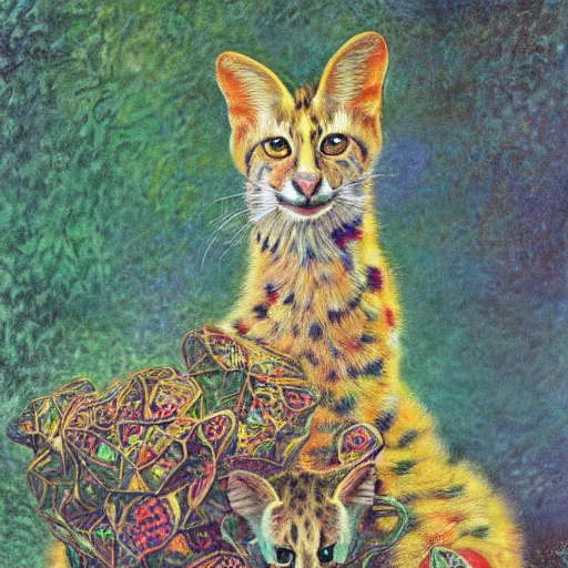 Prompt: fractal realistic noisy London prism serval pouf lily ivy , by Warwick Goble and Brian Froud and Claude Monet , postmodern , National Geographic photo , seapunk