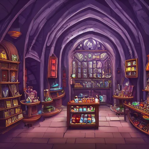 Image similar to inside a magical item shop, fantasy potion vendor interior, ufotable studio art style, wide angle, gothic interior