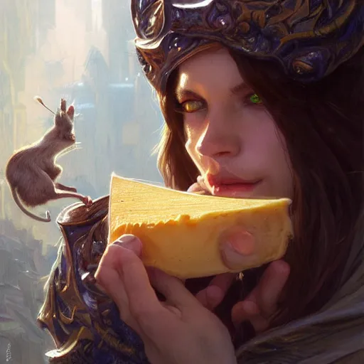 Image similar to a rat eating cheese , D&D, fantasy, intricate, cinematic lighting, highly detailed, digital painting, artstation, concept art, smooth, sharp focus, illustration, art by Artgerm and Greg Rutkowski and Alphonse Mucha