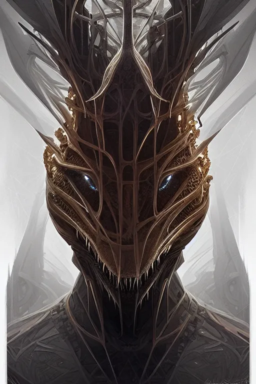 Image similar to professional concept art symmetrical portrait of a horrendous mechanical predatory fractal! species in a dark room by artgerm and greg rutkowski. an intricate, elegant, highly detailed digital painting, concept art, smooth, sharp focus, illustration, in the style of cam sykes.