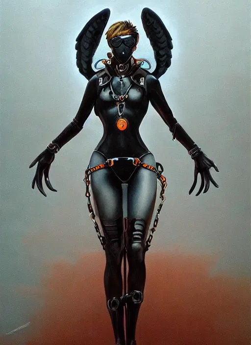 Image similar to full body artwork of tracer overwatch wearing leather collar in style of zdzisław beksinski, angel wings, dramatic painting, symmetrical composition, wearing detailed leather collar, black shiny armor, chains, black harness, detailed face and eyes,