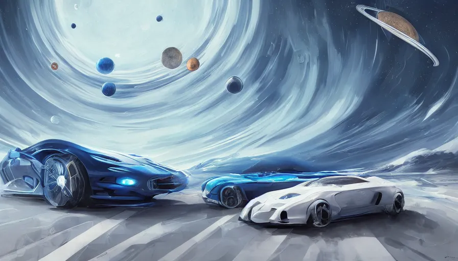 Prompt: white and royal blue luxurious concept sportscar driving down on a luxurious road on interstellar solar system with nearby planets seen from the distance, advanced highway, star trek style, by peter mohrbacher, jeremy mann, francoise nielly, android james, ross tran, beautiful, award winning scenery, 8 k quality, clean details, serene, sakura season