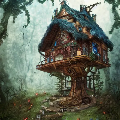 Image similar to a storybook illustration of a ramshackle multistory fairytale hut in the forest, intricate, elegant, atop chicken legs, in forest, fantasy, highly detailed, digital painting, concept art, sharp focus, trending on artstation