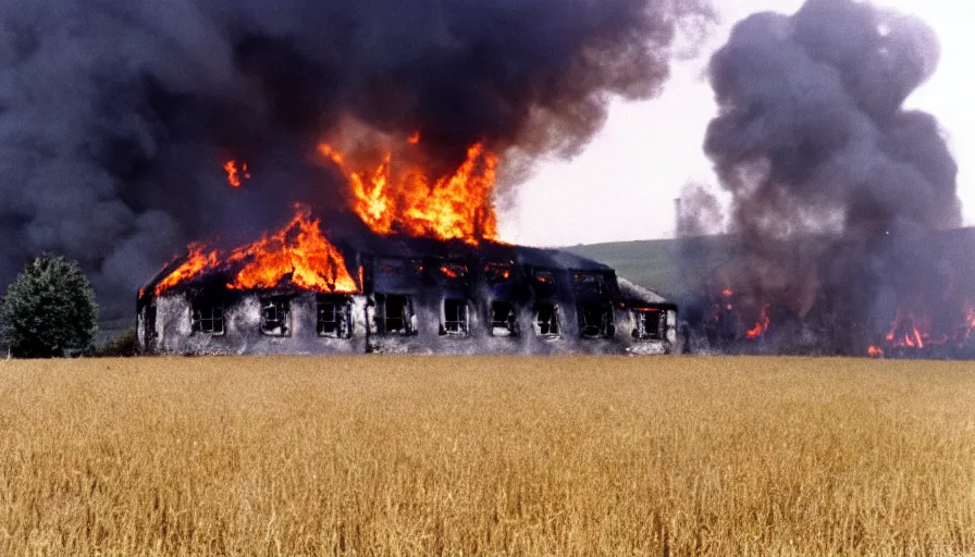 Image similar to 1 9 7 0 s movie still of a burning french village's house in a field, cinestill 8 0 0 t 3 5 mm, high quality, heavy grain, high detail, texture, dramatic light, ultra wide lens, panoramic anamorphic, hyperrealistic